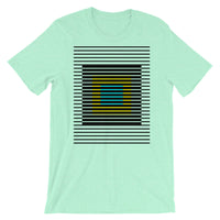 Black Stripes Yellow Cyan Squares Unisex T-Shirt Squares Within Lines Abyssinian Kiosk Fashion Cotton Apparel Clothing Bella Canvas Original Art