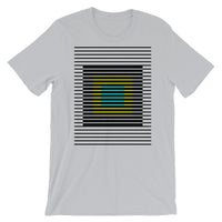 Black Stripes Yellow Cyan Squares Unisex T-Shirt Squares Within Lines Abyssinian Kiosk Fashion Cotton Apparel Clothing Bella Canvas Original Art