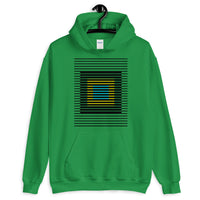 Black Stripes Yellow Cyan Squares Unisex Hoodie Squares Within Lines Abyssinian Kiosk Fashion Cotton Apparel Clothing Gildan Original Art